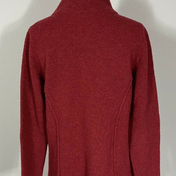 🍎 Eileen Fisher Cardigan Sweater S Red Pockets Mock Neck Hi Low Hem Wool - Picture 4 of 8